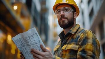 Engineer inspecting building walls closely, analyzing construction quality in a modern setting photo