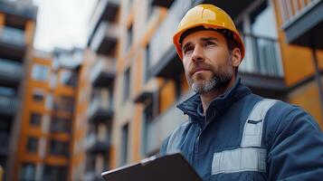 Engineer inspecting the integrity of building walls, focused on evaluating construction quality and standards photo