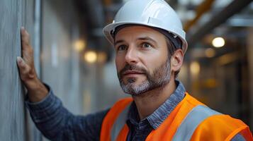 Close-up of engineer inspecting building walls, with emphasis on assessing materials and structural elements photo