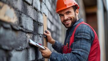 Engineer closely examining building walls, with tools and notes for detailed inspection process photo