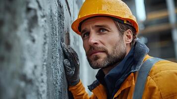 Close-up of engineer inspecting building walls, using tools to check for defects and quality photo