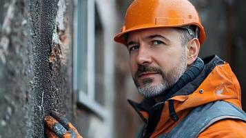 Engineer scrutinizing building wall surfaces, focusing on structural integrity and construction details photo