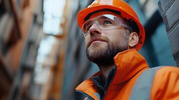 Engineer scrutinizing building wall surfaces, focusing on structural integrity and construction details photo