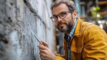 Close-up of engineer inspecting building walls, using tools to check for defects and quality photo