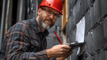 Engineer closely examining building walls, with tools and notes for detailed inspection process photo