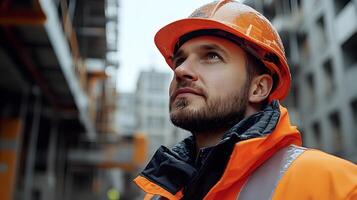 Professional engineer examining building walls, detailed inspection process in progress photo