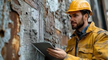 Engineer evaluating building wall conditions, attentive inspection with a focus on construction quality photo