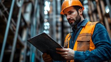 Engineer conducting an in-depth inspection of building walls, with a detailed focus on structural elements photo