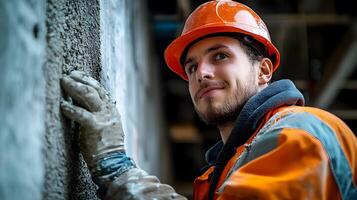 Engineer scrutinizing building wall surfaces, focusing on structural integrity and construction details photo