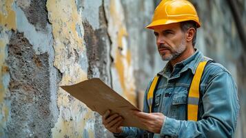 Engineer performing detailed wall inspection, checking for any defects or quality issues in construction photo