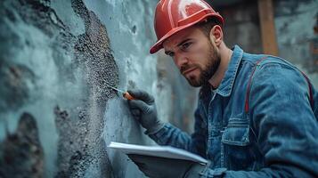 Close-up of engineer inspecting building walls, using tools to check for defects and quality photo