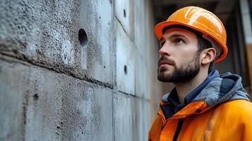 Engineer evaluating building wall conditions, attentive inspection with a focus on construction quality photo