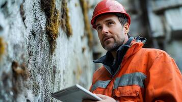 Engineer assessing building wall conditions, detailed inspection of construction and quality control photo