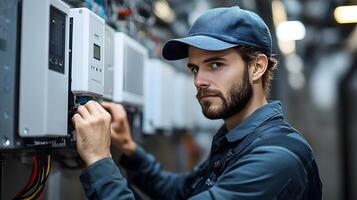 Clean energy installation technician configuring the inverter for solar panels, emphasizing the efficiency and precision required for large industrial setups. photo