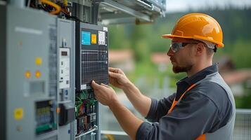 Industrial setting with a technician wiring solar panels to a high-capacity inverter, showcasing a clean energy installation with cutting-edge technology. photo