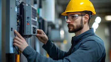 Renewable energy technician connecting solar panels to an advanced inverter, representing a significant clean energy installation in an expansive industrial background. photo