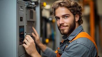 Skilled technician configuring an inverter for solar panels in an industrial setting, displaying clean energy technology in action, with large solar panels in view. photo