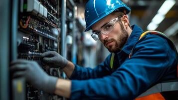 Solar technician completing the connection between panels and an inverter, focusing on sustainable energy solutions in a busy industrial environment. photo