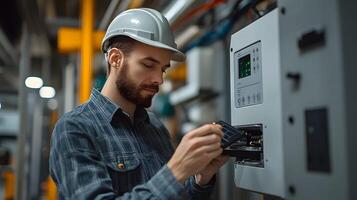 Skilled technician configuring an inverter for solar panels in an industrial setting, displaying clean energy technology in action, with large solar panels in view. photo
