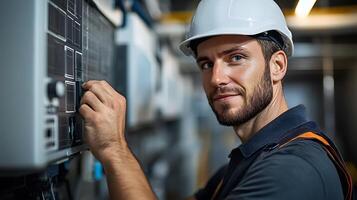 Solar installation specialist connecting solar panels to an inverter, optimizing energy output in a clean, organized industrial space, focusing on renewable energy integration. photo