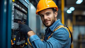Professional technician wiring solar panels to a high-performance inverter, part of a broader clean energy system in an expansive industrial environment. photo
