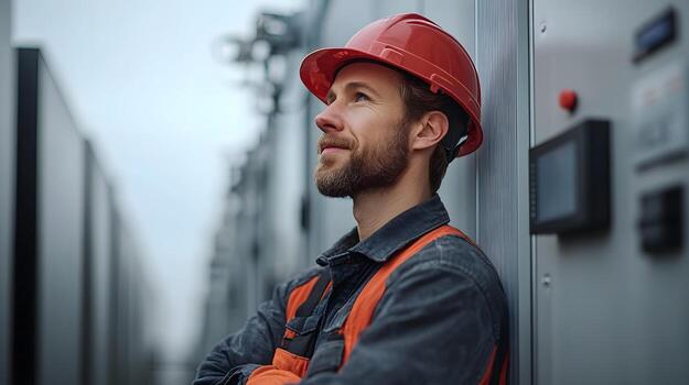 Industrial worker connecting multiple solar panels to an inverter in a clean energy setup, showcasing cutting-edge technology and sustainable practices. photo