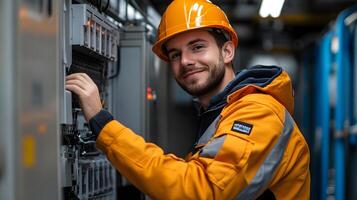 Solar installation specialist connecting solar panels to an inverter, optimizing energy output in a clean, organized industrial space, focusing on renewable energy integration. photo