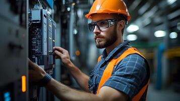 Solar installation specialist connecting solar panels to an inverter, optimizing energy output in a clean, organized industrial space, focusing on renewable energy integration. photo