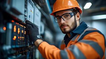 Solar installation specialist connecting solar panels to an inverter, optimizing energy output in a clean, organized industrial space, focusing on renewable energy integration. photo