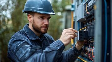 Industrial technician securing connections between solar panels and an inverter, working on-site to install a large-scale clean energy system with a modern backdrop. photo