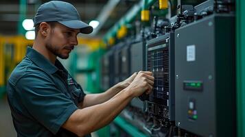 Solar energy technician installing an inverter for a large solar panel system, working efficiently in an industrial setting, capturing the essence of clean energy production. photo