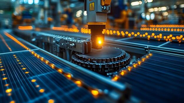 Solar panel installation process in full swing, technician connecting panels to an inverter, highlighting clean energy efforts in a factory setting with a bright industrial background. photo