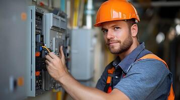 Industrial setting with a technician wiring solar panels to a high-capacity inverter, showcasing a clean energy installation with cutting-edge technology. photo