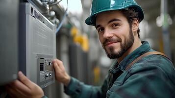 solar energía técnico instalando un inversor para un grande solar panel sistema, trabajando eficientemente en un industrial configuración, capturar el esencia de limpiar energía producción. foto
