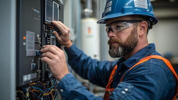 Solar technician adjusting connections between solar panels and an inverter, focused on ensuring clean energy efficiency in a large industrial space, with clear skies visible above the installation. photo