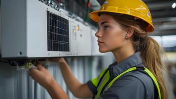 Solar energy technician installing an inverter for a large solar panel system, working efficiently in an industrial setting, capturing the essence of clean energy production. photo