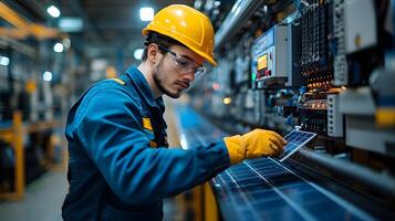 Technician carefully installing solar panels in an industrial setting, connecting them to a modern inverter, showcasing the clean energy installation process, surrounded by various power tools and photo