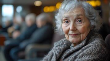 Elderly resident enjoying activities in a nursing home, surrounded by a caring and supportive community photo