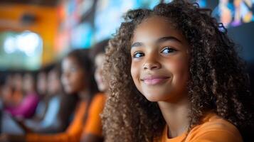 Tech-savvy classroom with interactive displays, students using handheld devices to participate in lessons photo