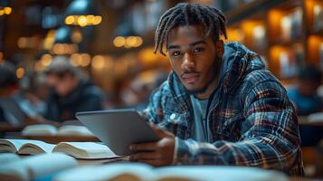 Student participating in an online course, taking notes on a tablet, while engaging with digital content on a screen photo