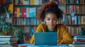 Online learning session with a student attending a virtual class, laptop and digital notes on a desk photo