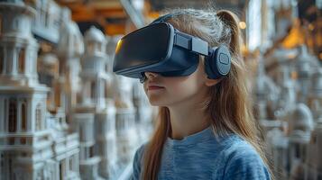 Virtual reality education setup with a student exploring a 3D model while wearing VR goggles, futuristic setting photo