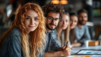 Young team brainstorming in an open-plan office, relaxed atmosphere with creative ideas flowing, diverse group of people photo