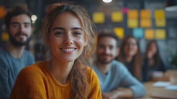 Young team brainstorming in an open-plan office, relaxed atmosphere with creative ideas flowing, diverse group of people photo