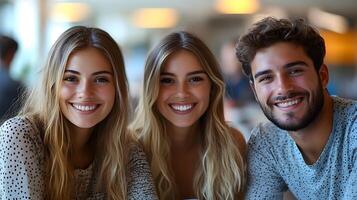 Happy young workers gathered around a table in a bright office lobby, discussing creative solutions for a new business idea photo