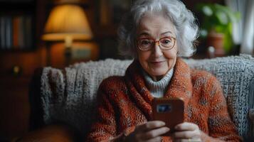 Happy elderly woman sitting comfortably on a sofa, holding a smartphone, smiling during a call. Bright and cozy living room creates a warm and inviting atmosphere. photo