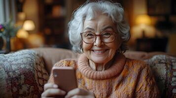 Joyful older woman sitting on a sofa, holding a smartphone, laughing as she chats with family on a call. The inviting living room adds to the cheerful scene. photo