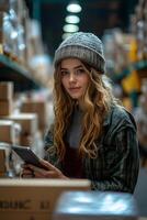 Happy woman working in an e-commerce stockroom, using a digital device to manage orders. Stacked packages and a well-organized workspace show her successful business growth. photo