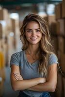 Woman with a cheerful expression managing logistics in a stockroom, standing near packed boxes. Organized workspace reflects successful business expansion. photo