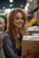 Woman with a happy expression working in an e-commerce stockroom, surrounded by packages ready for shipping. The space is well-organized, reflecting successful business growth. photo